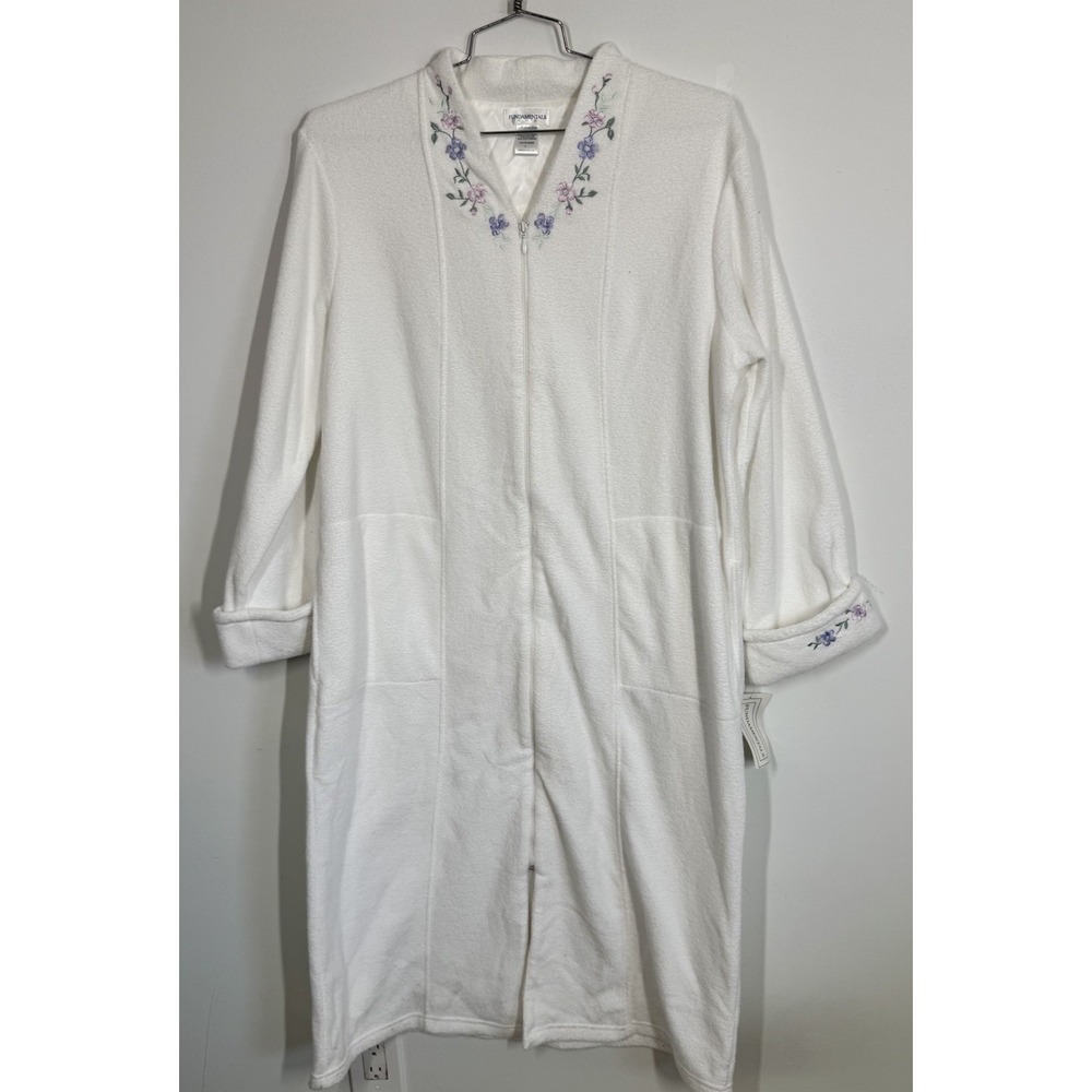 VTG Sears Fundamentals White Terry Cloth Full Zip Robe Housecoat Size L Lounge